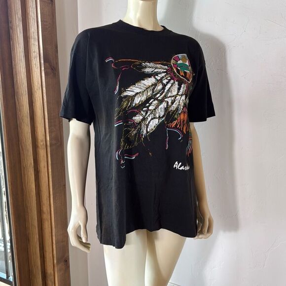 Vintage Black Native American Puffy Embellished Graphic Single Stitch T-Shirt Si - Picture 1 of 16
